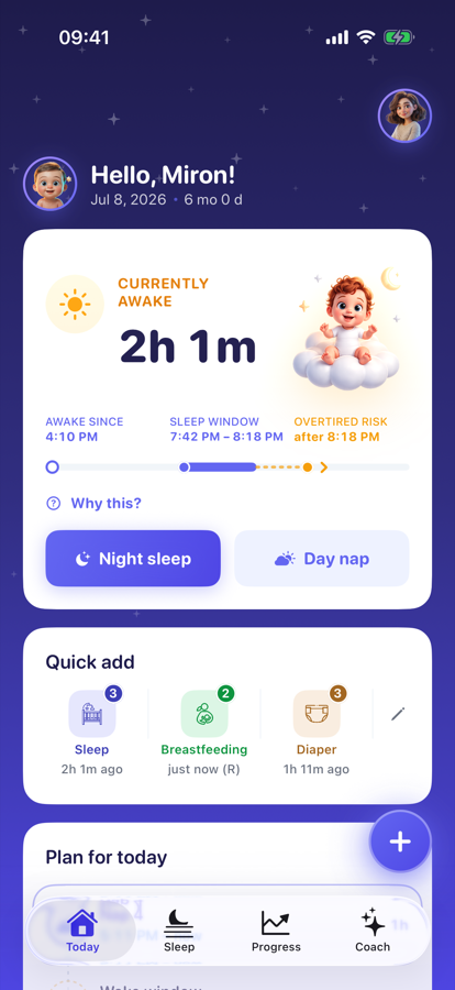 Yorix today screen showing the next sleep window and quick baby care tracking